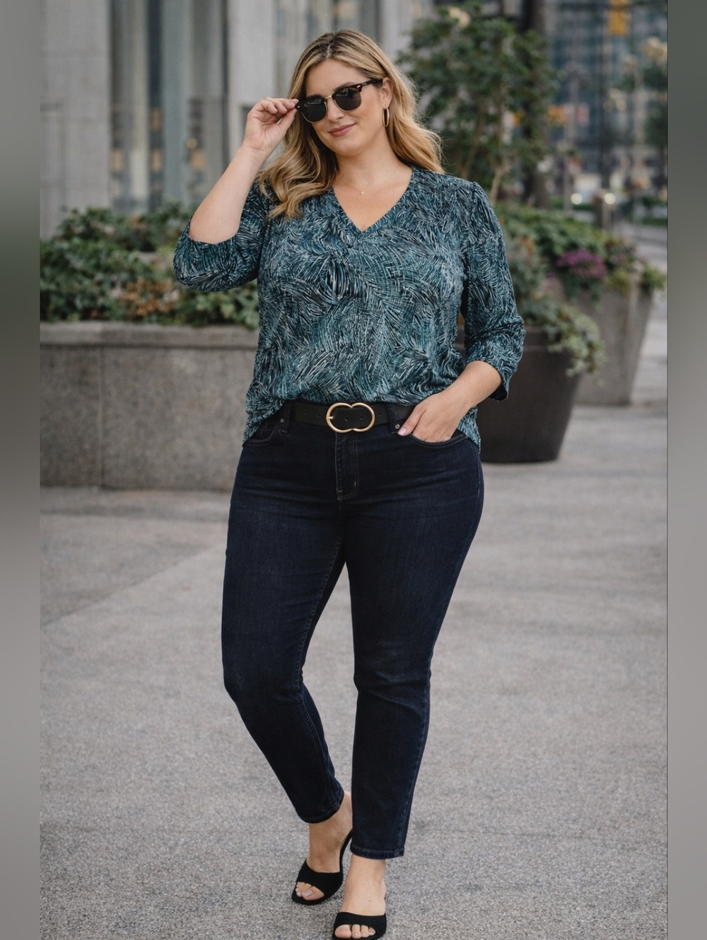 Teal Abstract Tunic Blouse 2X Flowy Crepe Feel Top Chic
